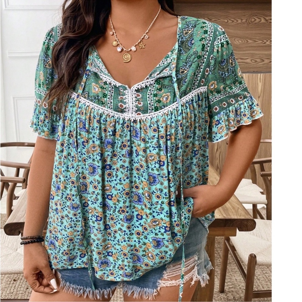 Plus Floral Print Neck Tie Short Sleeve Blouse 1X 2X 3X 4X 5X